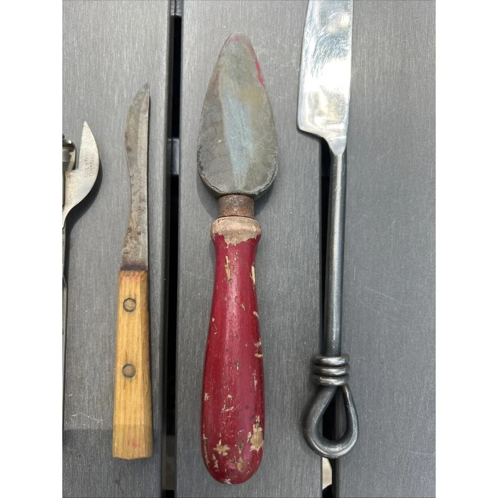 Lot Of 4 Vtg Antique Kitchen Gadgets Utensils Knifes Can Opener Sharpening Stone